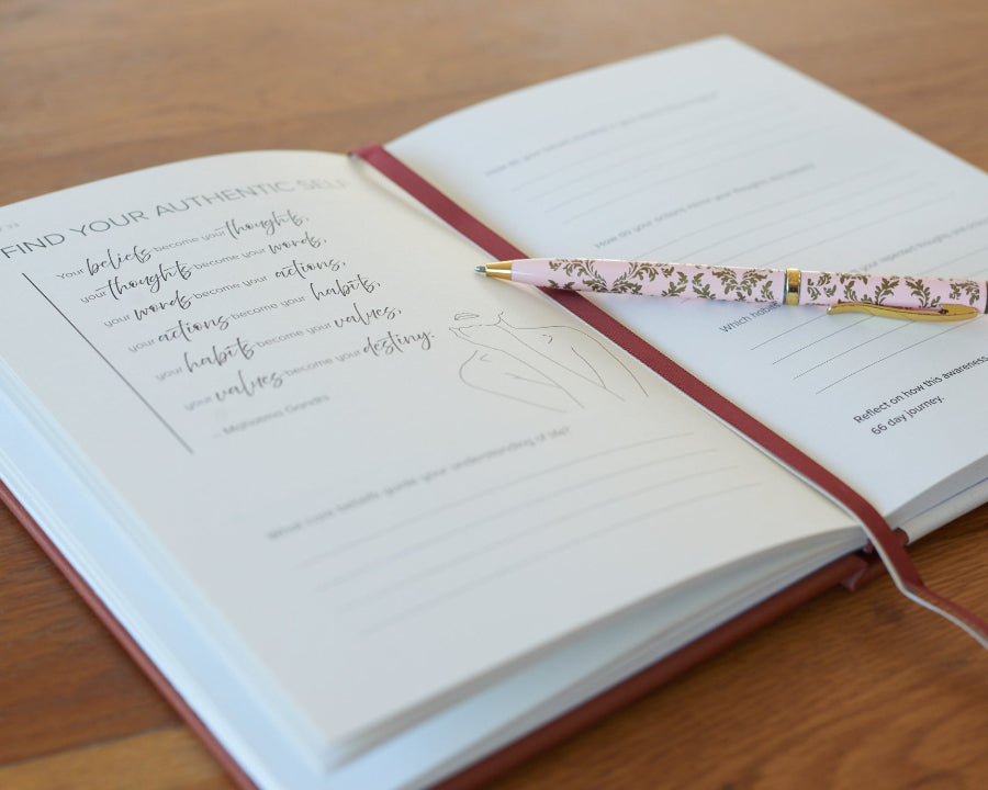 EQ Minds - The Mindful Journal: Journal open to a prompt with a pen on a wooden surface